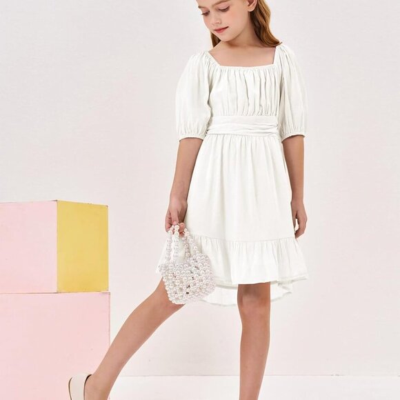 Girls Summer Dresses Square Neck Lantern Sleeve Tie Backless Ruffle A-Line Party - Picture 6 of 6